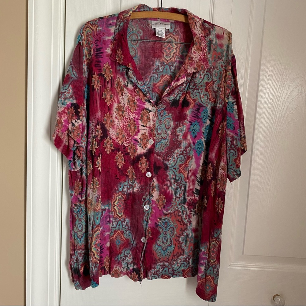 Anna Maxwell Paisley Button Up Collard Lightweight Blouse Crinkle 3X Boho Retro